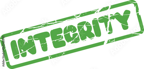 Grungy green rectangular stamp featuring the word Integrity representing honesty and ethical principles