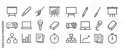 Set of office icons including charts, microphones, projectors, l