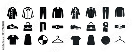 Black and white fashion icons set: clothes and accessories inclu