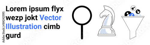 Business strategy, data analysis, decision-making, competitive intelligence, data sorting, efficiency. Magnifying glass, knight chess piece and funnel icons. Business strategy and data analysis