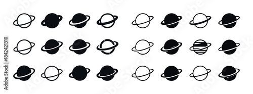 Set of planet icons with rings in various styles
