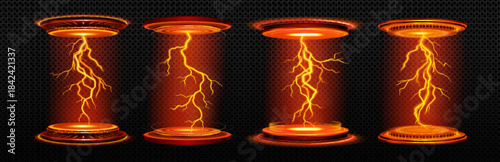 Bright blue and white electrical lightning bolts crackling across a dark black background with energy arcs.
Glowing blue energy portal with electric lightning bolts radiating outwards on a dark backgr