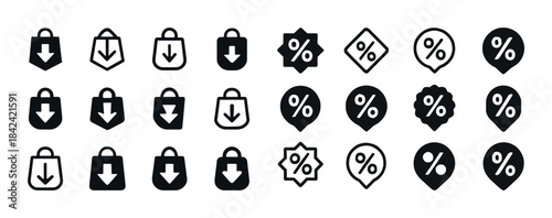 Black and white shopping icons for discounts and sales