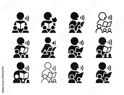 Reading Aloud Icons. Reading aloud to students. Icon set. Set Lo