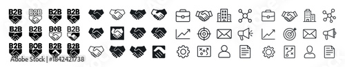 Black and white business icons collection featuring b2b, handsha