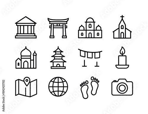 Sacred Sites Icons. Sacred Sites Tourism. Line icon set of Sacre