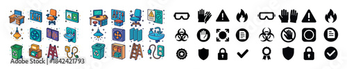 Colorful office and safety icons: desks, chairs, computers, prot