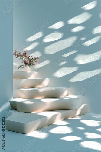 Minimalist Staircase with Floral Arrangement and Sunlight