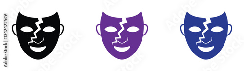 Broken happy mask icon set. Cracked Mask Icon Vector Glyph Representing A Security Breach Or Identity Deception Broken Disguise Symbol For Fraud And Anonymity Failure Graphic.