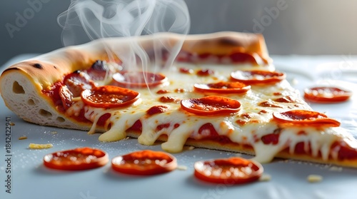 Hot Slice of Pepperoni Pizza with Melting Cheese and Aromatic Steam