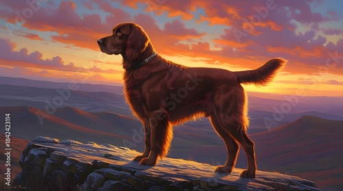 Majestic Golden Dog Silhouetted Against Vibrant Sunset Landscape