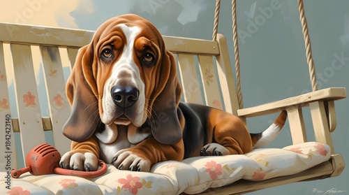 Basset Hound Relaxing on Swing in a Calm Outdoor Setting