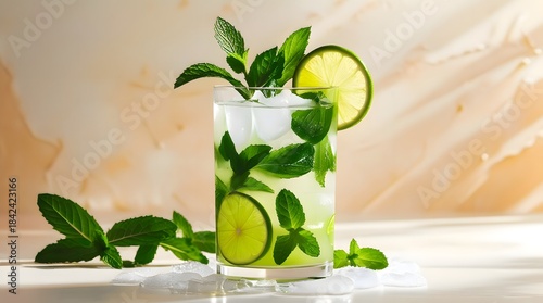 Refreshing Mint Lime Beverage with Ice and Garnish in Glass