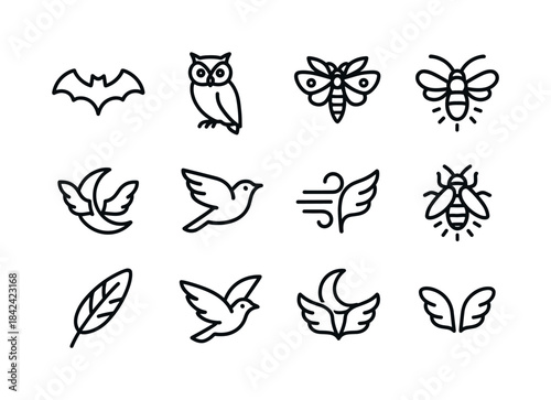 Nocturnal Icons Set. Night Winged Creatures. Line icon set of Ni