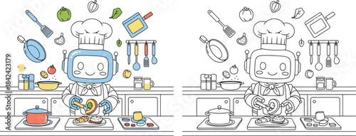 Cute Cartoon Robot Chef Cooking in a Kitchen with Various Utensils and Food Technology and Culinary Illustration