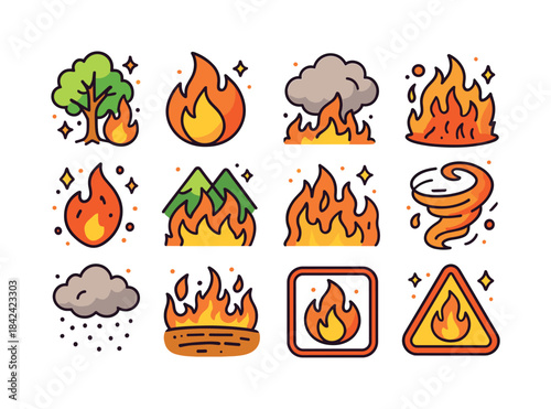 Colorful Fire Icons. Fire disasters. Colorful isometric vector i