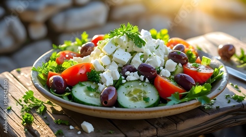 Fresh Greek Salad with Feta Cheese and Colorful Vegetables