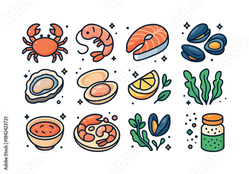 Seafood Icons Grid. Seafood Delights. Colorful isometric vector