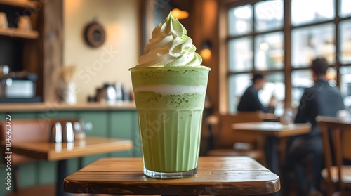 Refreshing Matcha Green Tea Shake with Whipped Cream in Cafe