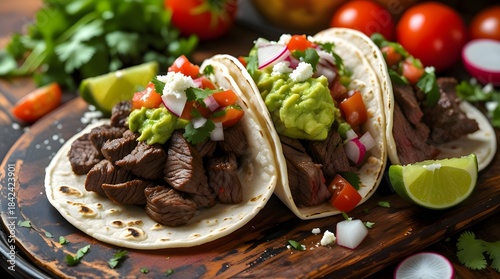 Delicious Tacos with Beef, Avocado, Salsa, and Fresh Vegetables