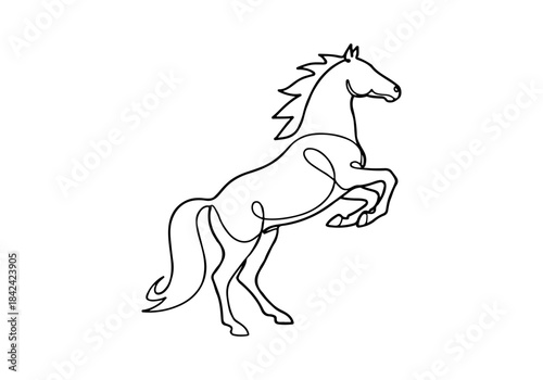 A continuous line art drawing of a majestic horse rearing on its hind legs, showcasing elegance and strength.