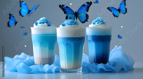 Colorful Creamy Drinks with Butterflies on a Light Background