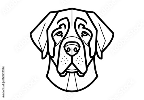Black and white line art illustration of a dog's head, featuring a geometric and stylized depiction of a large breed canine.