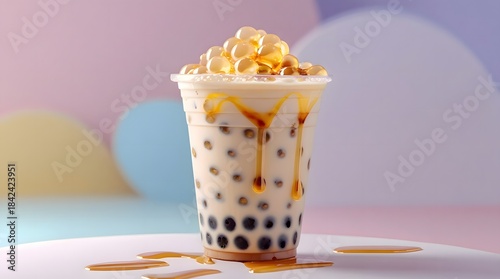 Refreshing bubble tea drink with caramel and tapioca pearls topping