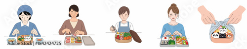 Flat Illustration of Bento Box Preparation and Eating Process with Cartoonish Style, Isolated