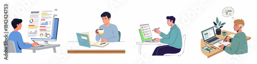 Modern Flat Illustration of People Working from Home with Different Styles