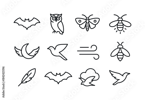 Nocturnal Icons Set. Night Winged Creatures. Line icon set of Ni