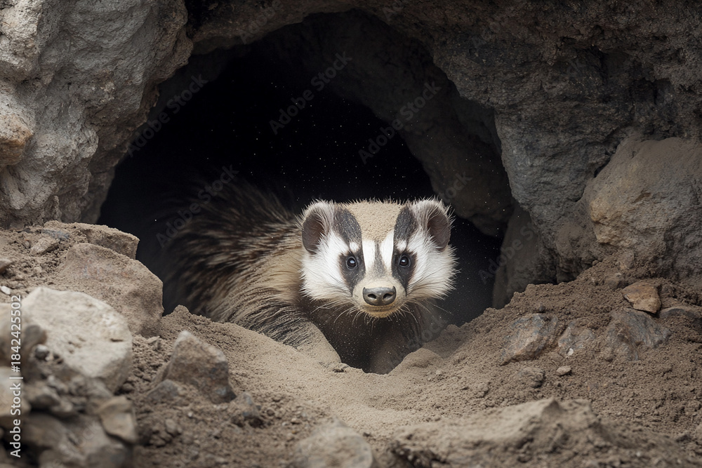 Obraz premium Honey badger exploring a rocky cave with dusky fur in a natural habitat on a sunny day