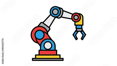 A colorful cartoon illustration of a robotic arm with a gripper, representing automation and industry.