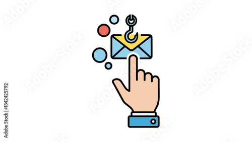 Hand clicking on a phishing email icon with a fishing hook, representing online scam and cybersecurity threats.