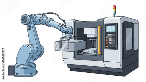 Robotic arm loading a metal workpiece into a CNC milling machine in an industrial automation setting.