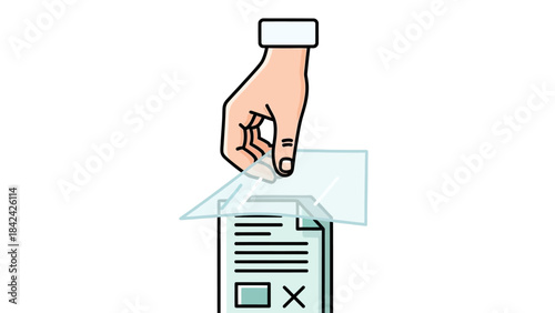 A hand placing a transparent protective sheet over a document with text and a marked checkbox.