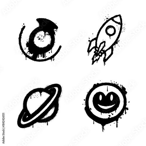 Black Graffiti Spray Paint Icons Set: Space Rocket, Planet, Orbit Symbol, and Smiley Face