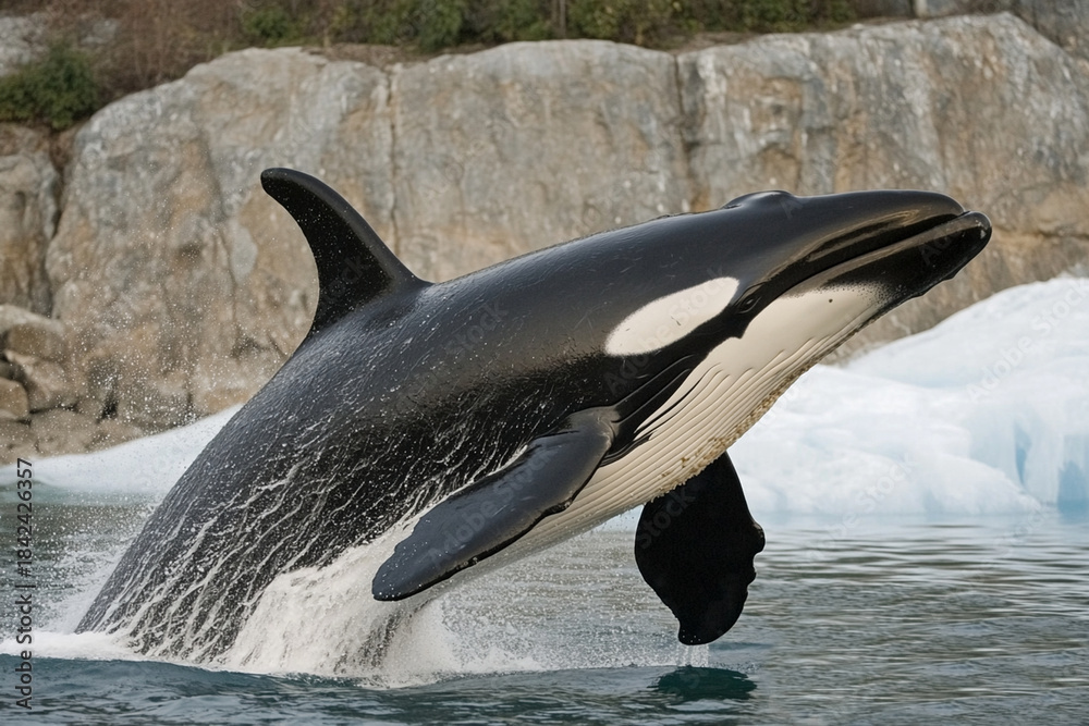 Obraz premium Killer whale breaches the surface showcasing its power near icy cliffs in a coastal habitat during daylight