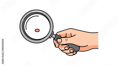 A hand holding a magnifying glass to examine a tiny object on a white background.