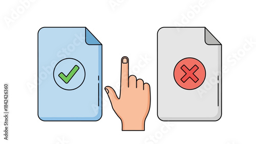Hand pointing at two documents, one with a checkmark and one with an X, symbolizing choice or decision.