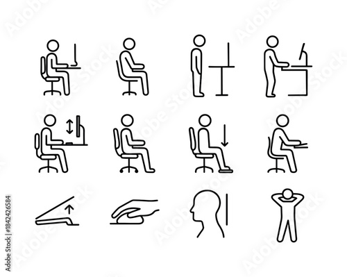 Ergonomic Icon Set. Ergonomic Posture Adjustments. Line icon set