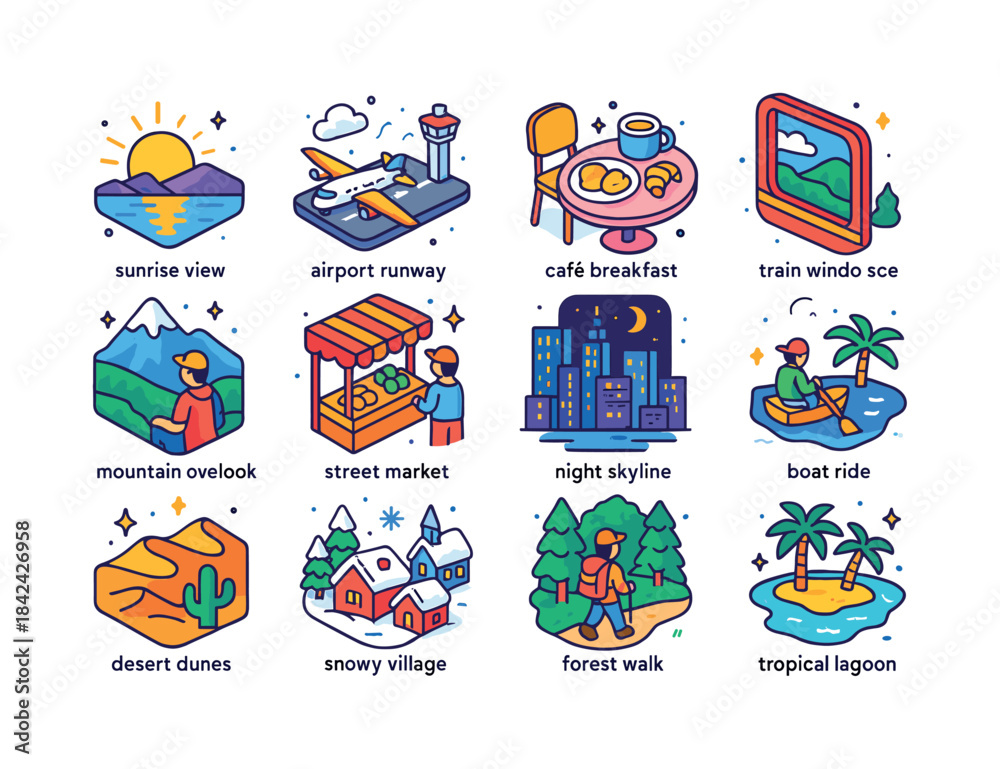 Naklejka premium Colorful Travel Icons. Travel moments. Colorful isometric vector