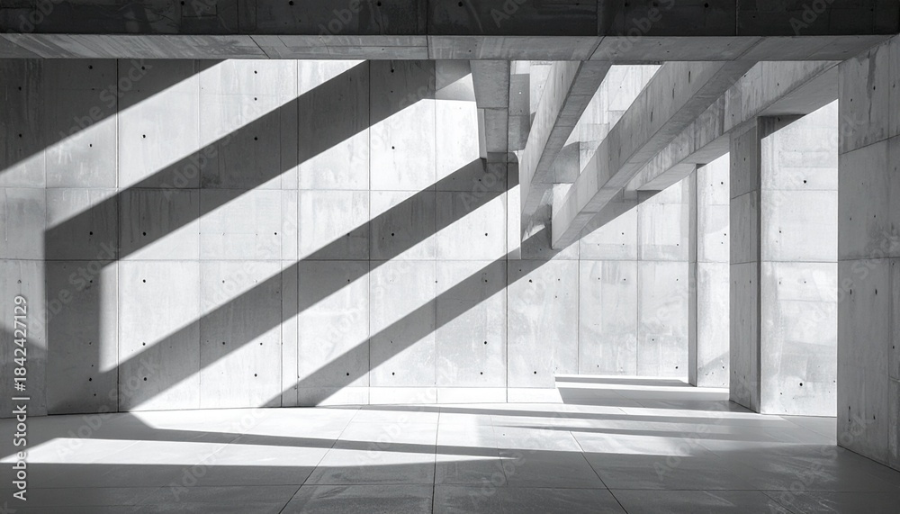 Obraz premium Minimalist concrete architecture interior with dramatic geometric shadows from natural light, creating an abstract and modern design space.