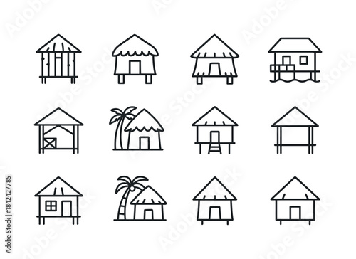 Island Hut Icons. Island Huts. Line icon set of Island Huts: bam