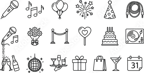 Microphone music balloons fireworks party hat cable flowers barrier heart lollipop cake turntable champagne disco tray gift bags martini calendar