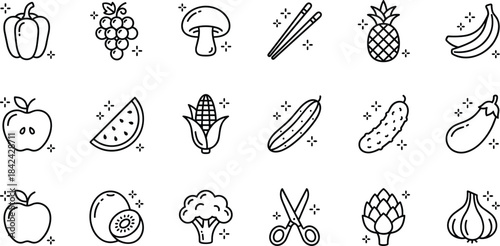 pepper, grapes, mushroom, chopsticks, pineapple, bananas, apple, watermelon, corn, cucumber, pickle, eggplant, apple, kiwi, broccoli, scissors, artichoke, garlic, apple, banana