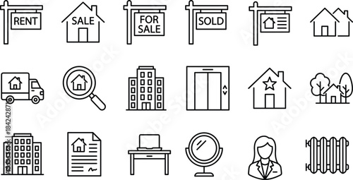 Rent sign property sale sign for sale sign sold sign listing board house icons set with building contract agent documents tools