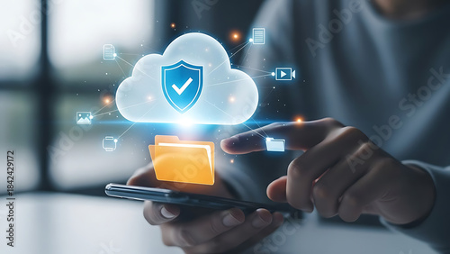 Secure cloud computing concept with data protection and mobile access for digital information storage