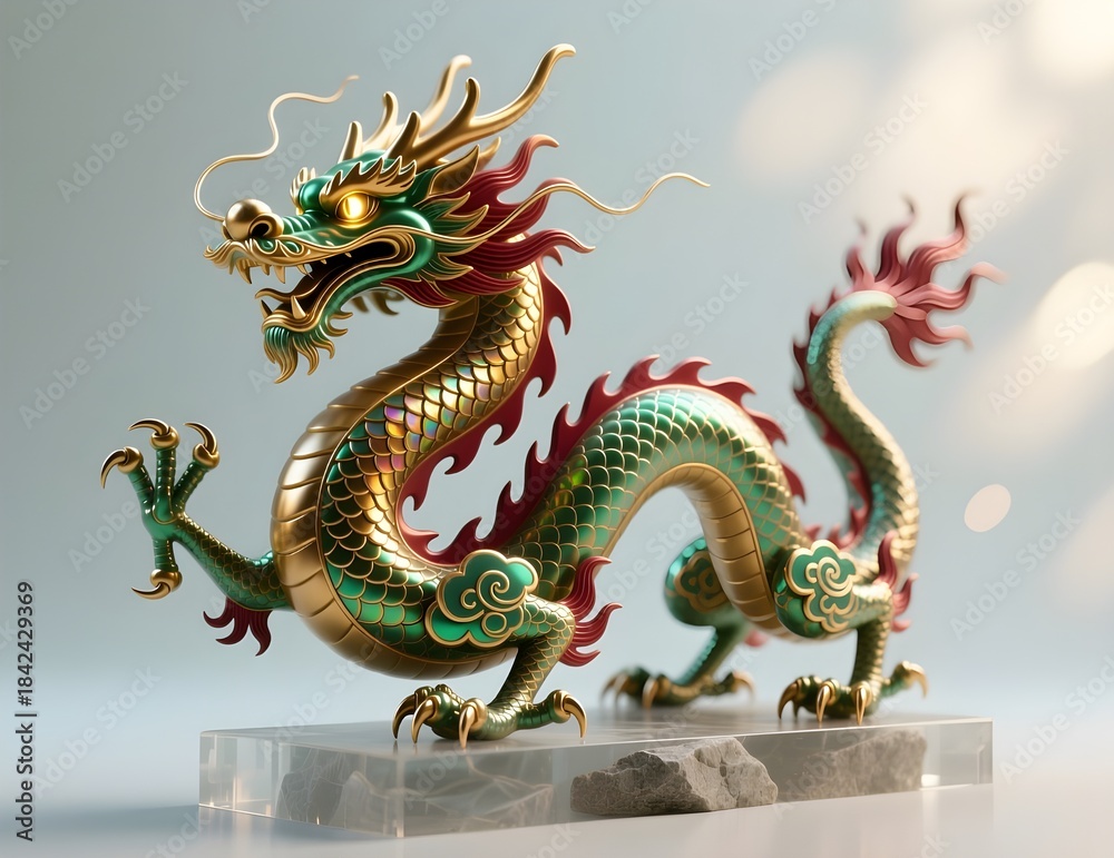 Obraz premium Majestic Chinese Dragon Statue Isolated on Transparent Background. Mythical Oriental Symbol, Traditional Asian Culture, Feng Shui Guardian Sculpture