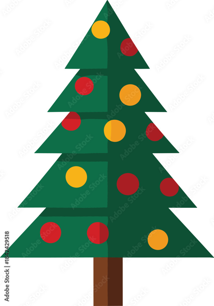Fototapeta premium Decorated Green Christmas Tree with Red and Yellow Ornaments – Isolated on Transparent Background Flat Holiday Vector